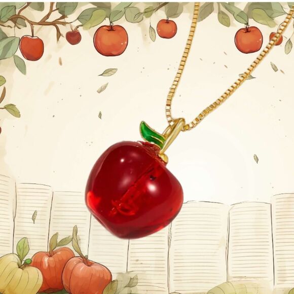 Red Apple Green Leaf on a Gold Chain Necklace - Picture 1 of 8